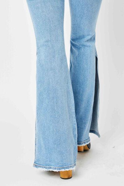 Judy Blue Full Size Mid Rise Raw Hem Slit Flare Jeans - Moonlight Boutique