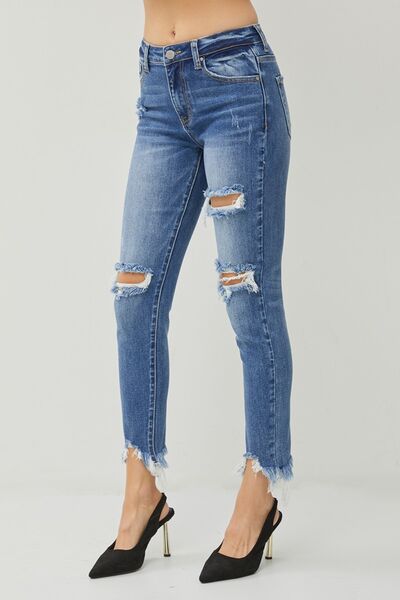 RISEN Distressed Frayed Hem Slim Jeans - Moonlight Boutique