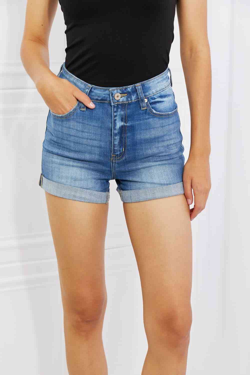 Kancan Full Size High Rise Medium Stone Wash Denim Shorts - Moonlight Boutique