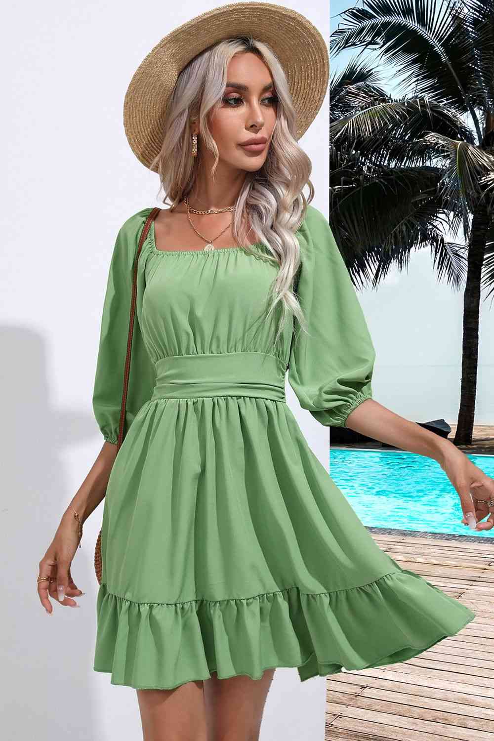 Square Neck Tie Back Ruffle Hem Dress - Moonlight Boutique