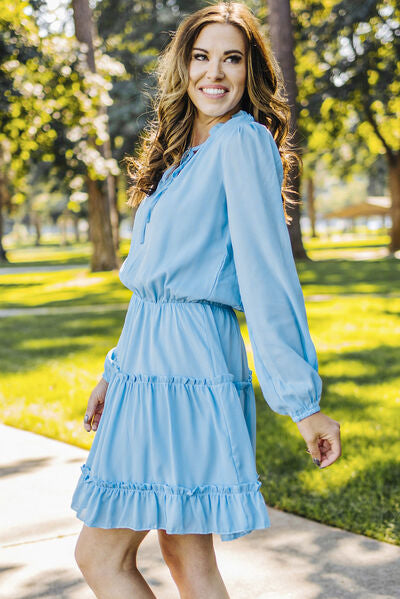 Frill Tie Neck Balloon Sleeve Dress - Moonlight Boutique