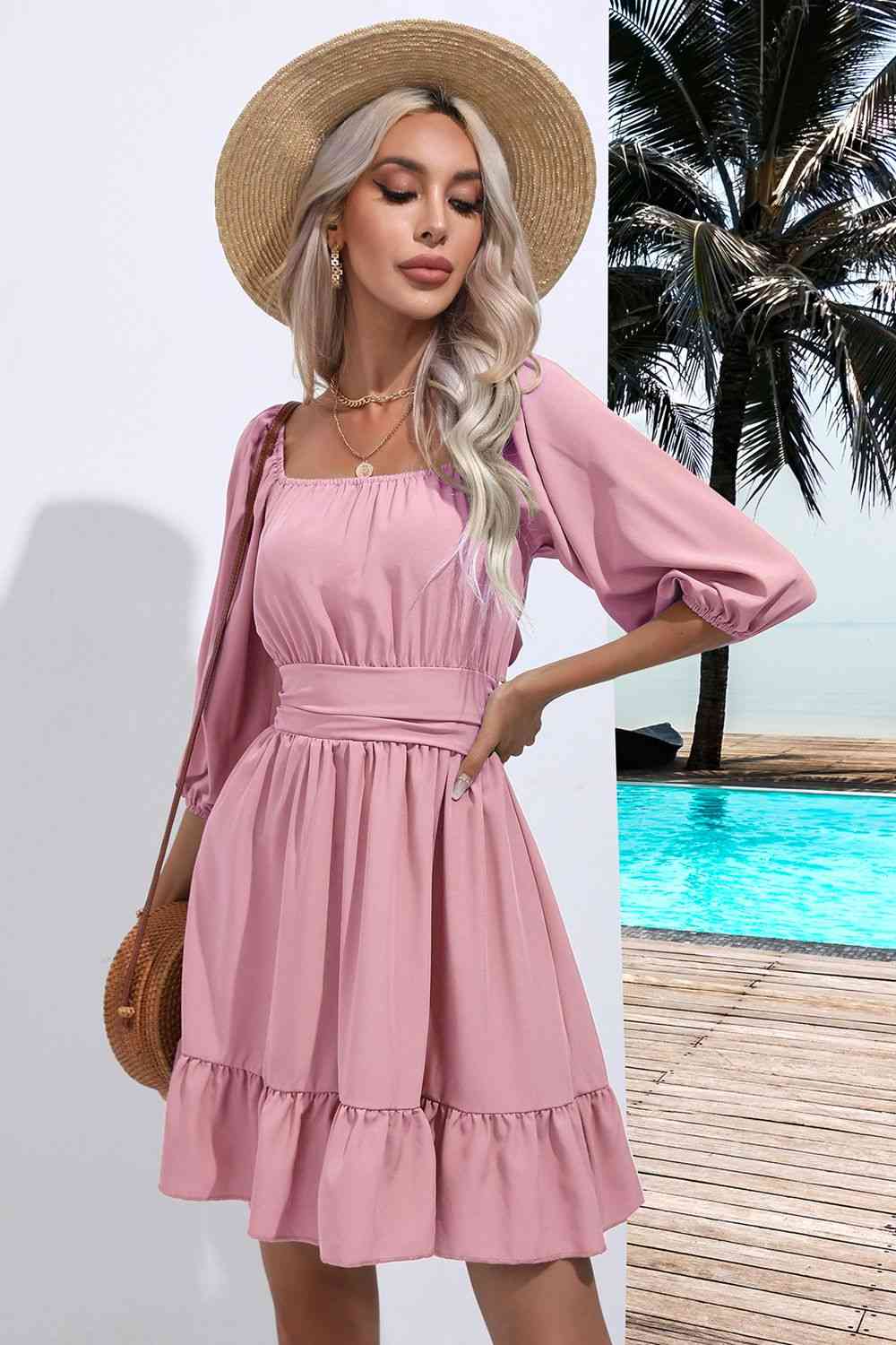 Square Neck Tie Back Ruffle Hem Dress - Moonlight Boutique