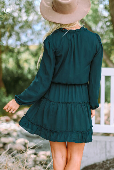 Frill Tie Neck Balloon Sleeve Dress - Moonlight Boutique