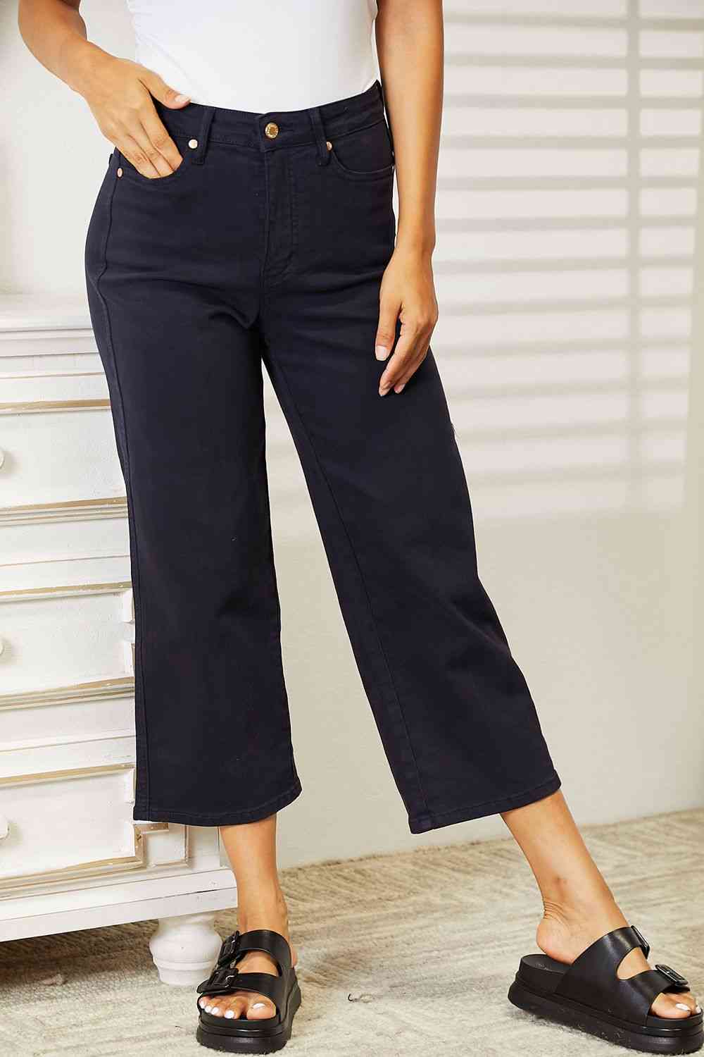 Judy Blue Full Size High Waist Tummy Control Garment Dyed Wide Cropped Jeans - Moonlight Boutique