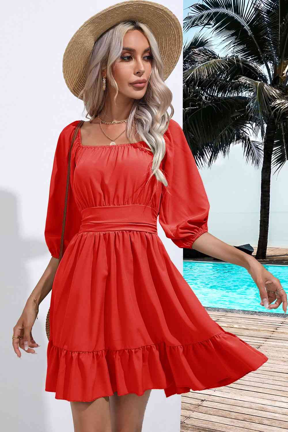 Square Neck Tie Back Ruffle Hem Dress - Moonlight Boutique