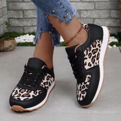 Tied Printed PU Leather Athletic Shoes Black