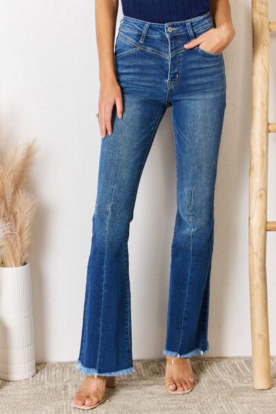 Kancan High Rise Raw Hem Flare Jeans - Moonlight Boutique