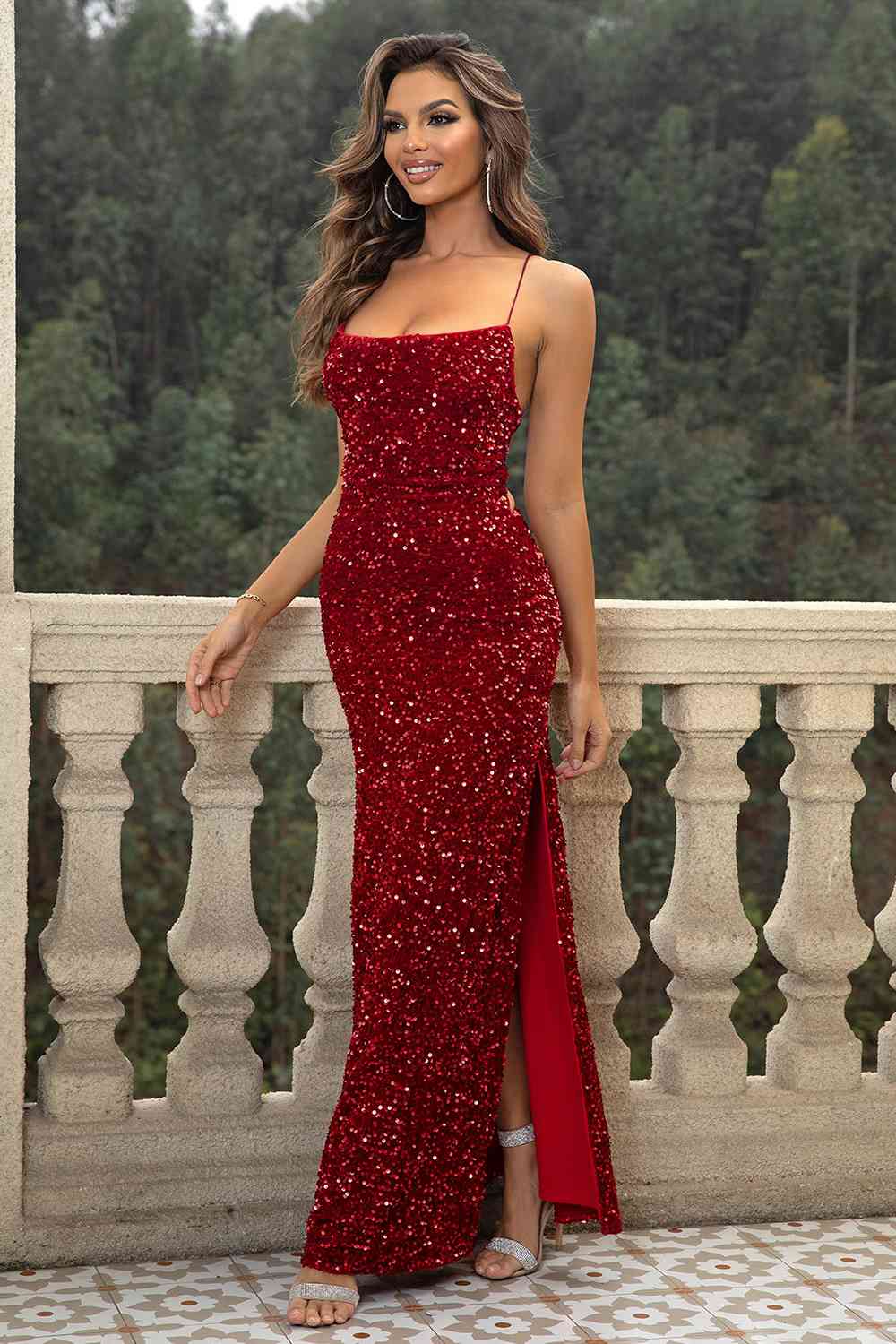 Sequin Backless Split Maxi Dress - Moonlight Boutique