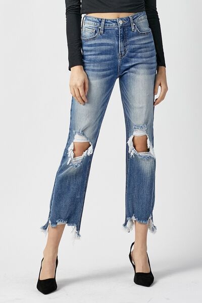 RISEN High Waist Distressed Frayed Hem Cropped Straight Jeans - Moonlight Boutique