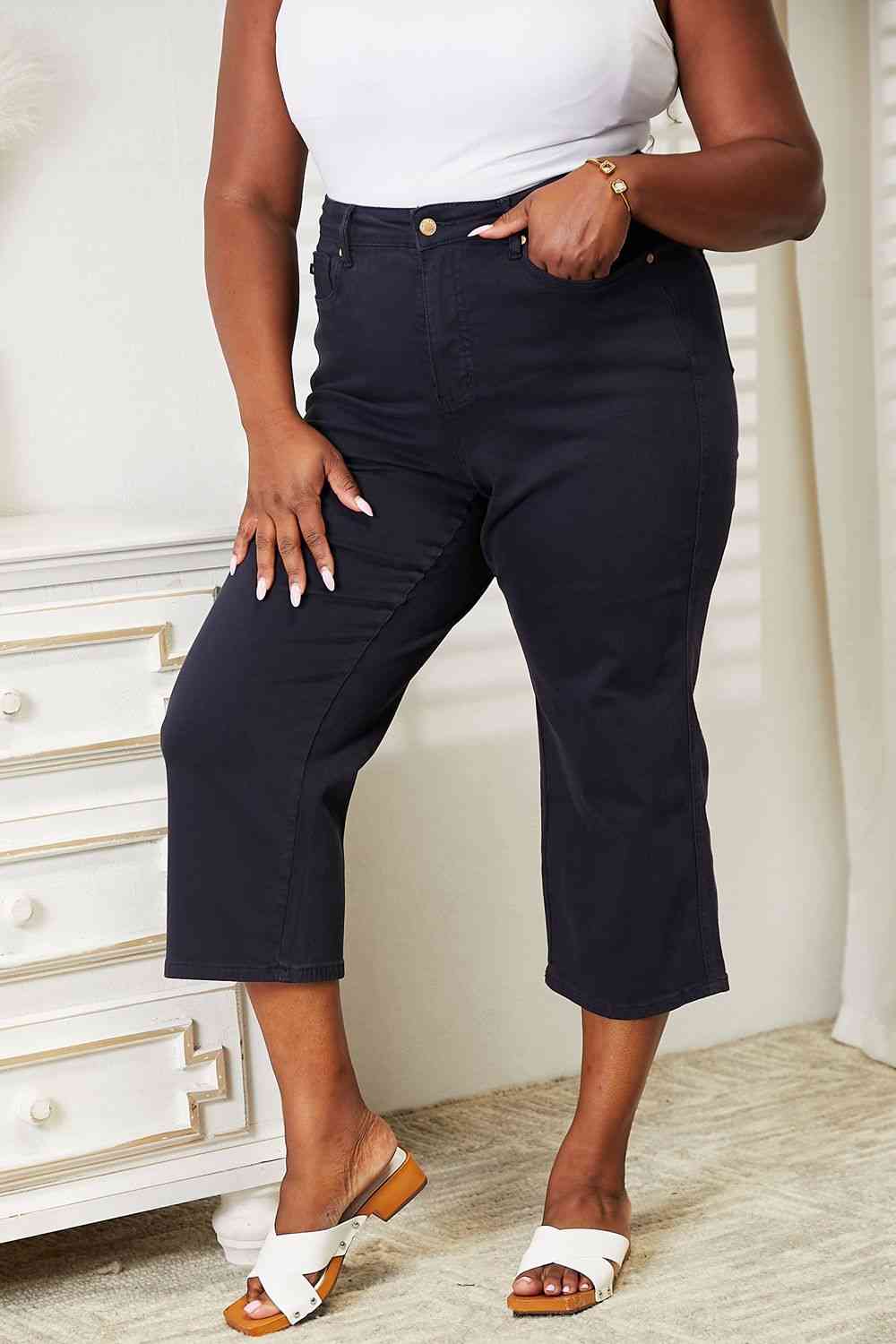 Judy Blue Full Size High Waist Tummy Control Garment Dyed Wide Cropped Jeans - Moonlight Boutique