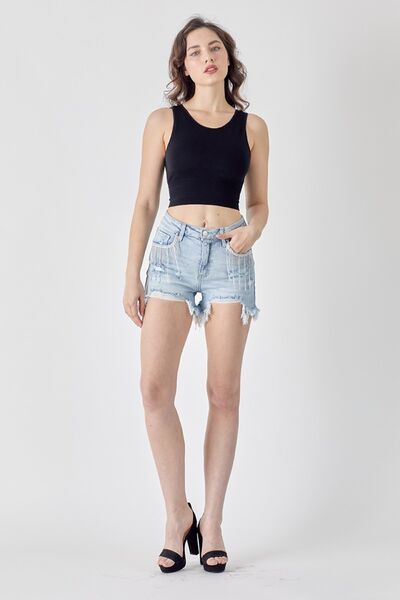 RISEN Frayed Hem Denim Shorts with Fringe Detail Pockets - Moonlight Boutique