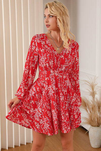 Printed Surplice Balloon Sleeve Layered Dress - Moonlight Boutique