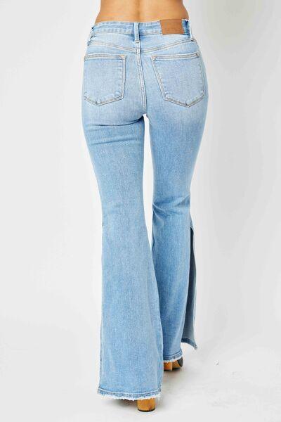 Judy Blue Full Size Mid Rise Raw Hem Slit Flare Jeans - Moonlight Boutique