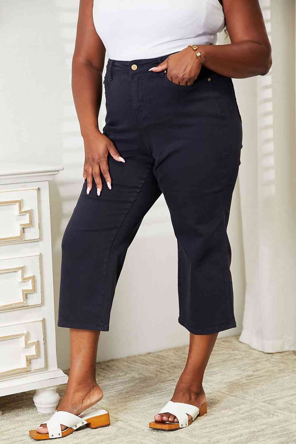 Judy Blue Full Size High Waist Tummy Control Garment Dyed Wide Cropped Jeans - Moonlight Boutique