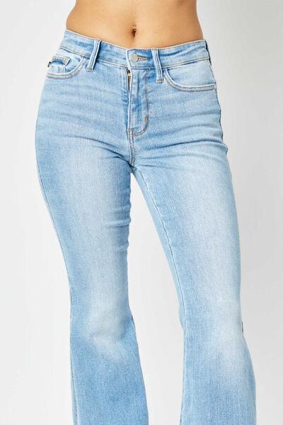 Judy Blue Full Size Mid Rise Raw Hem Slit Flare Jeans - Moonlight Boutique