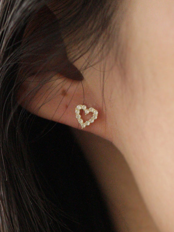 New full diamond princess style hollow love heart cute daily mini earrings - Moonlight Boutique